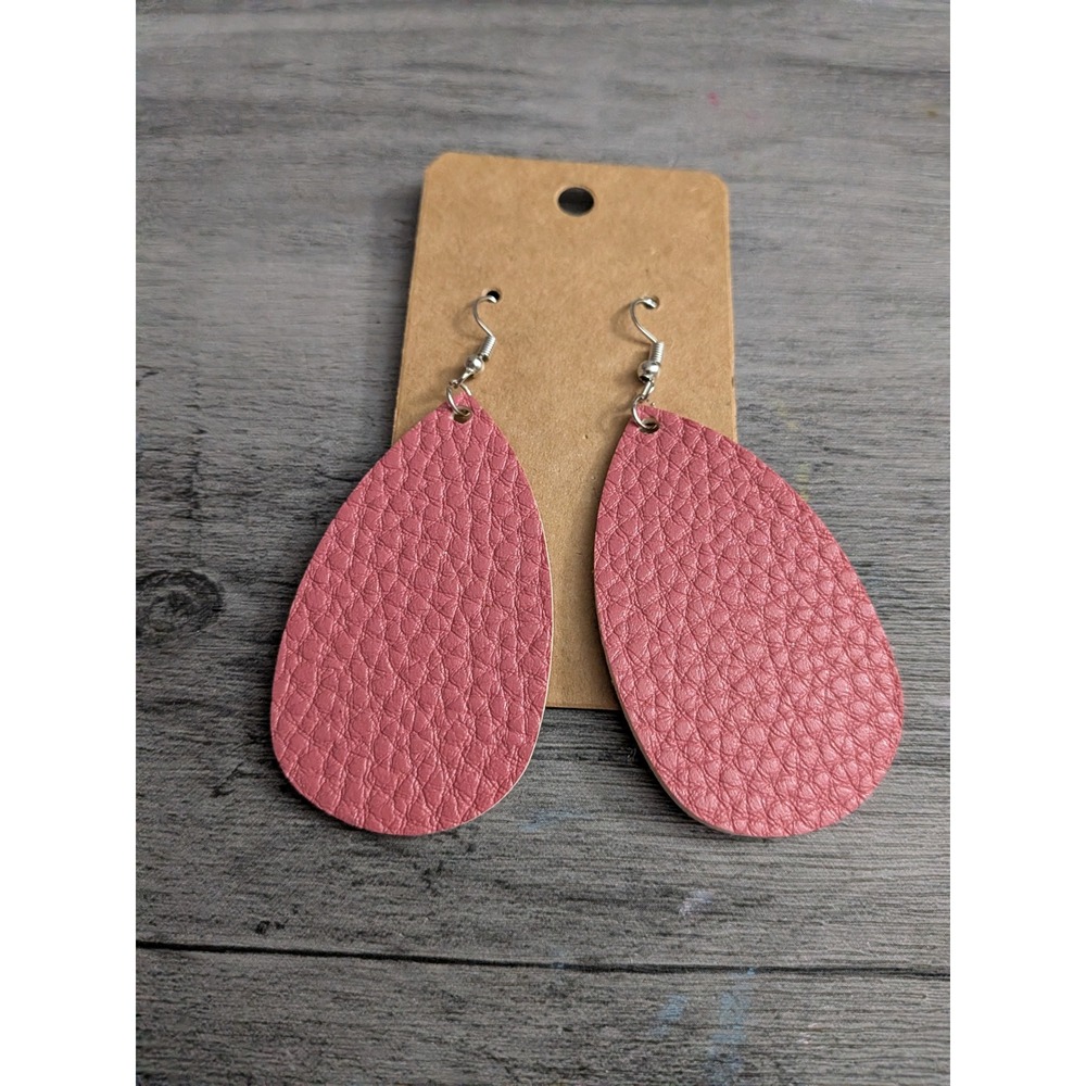 Handmade Pink Faux Leather Teardrop Dangle Earrings Textured Pebbled Finish